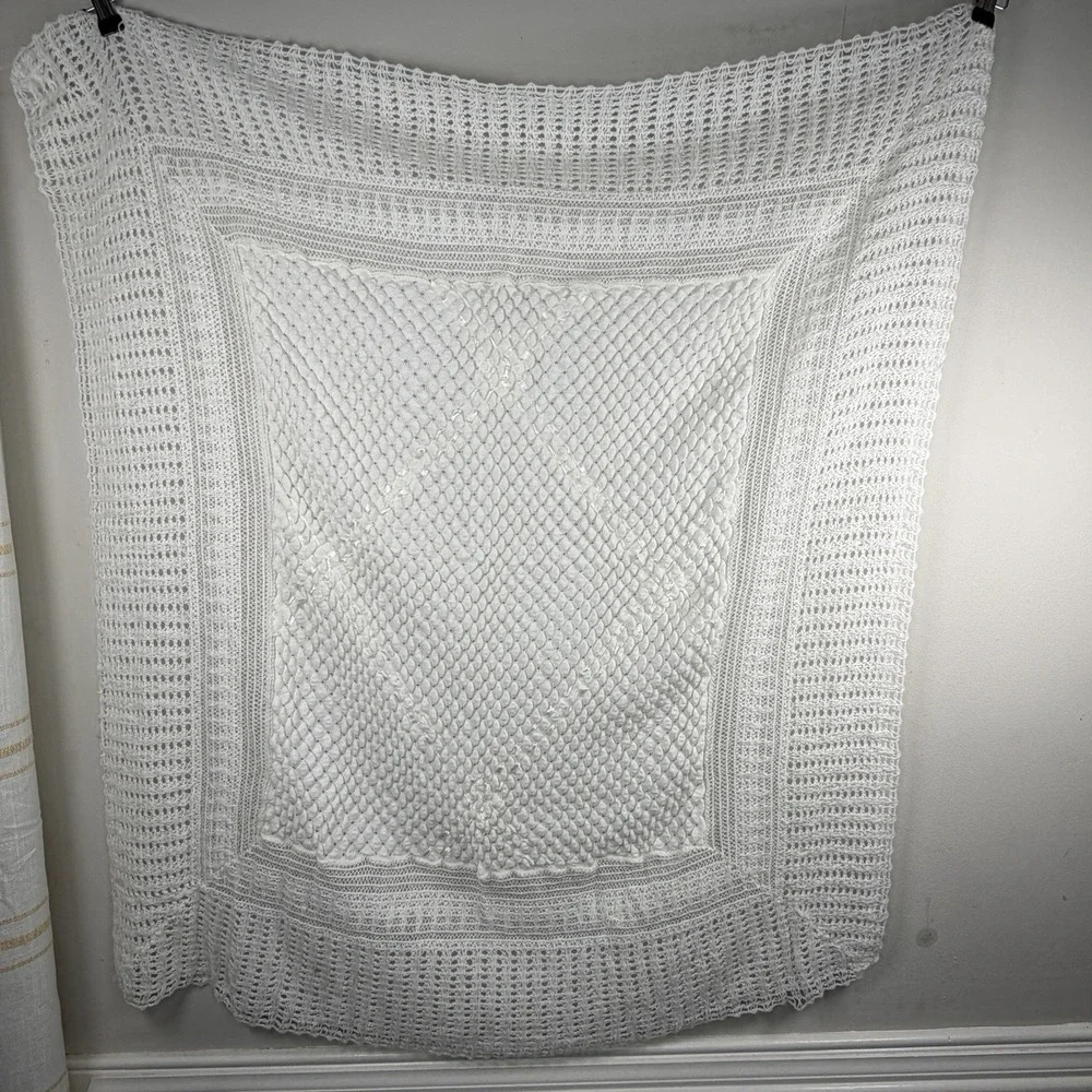 Handmade Vintage Knitted Soft baby Blanket White Ribbon Detail 38 X‎ 38